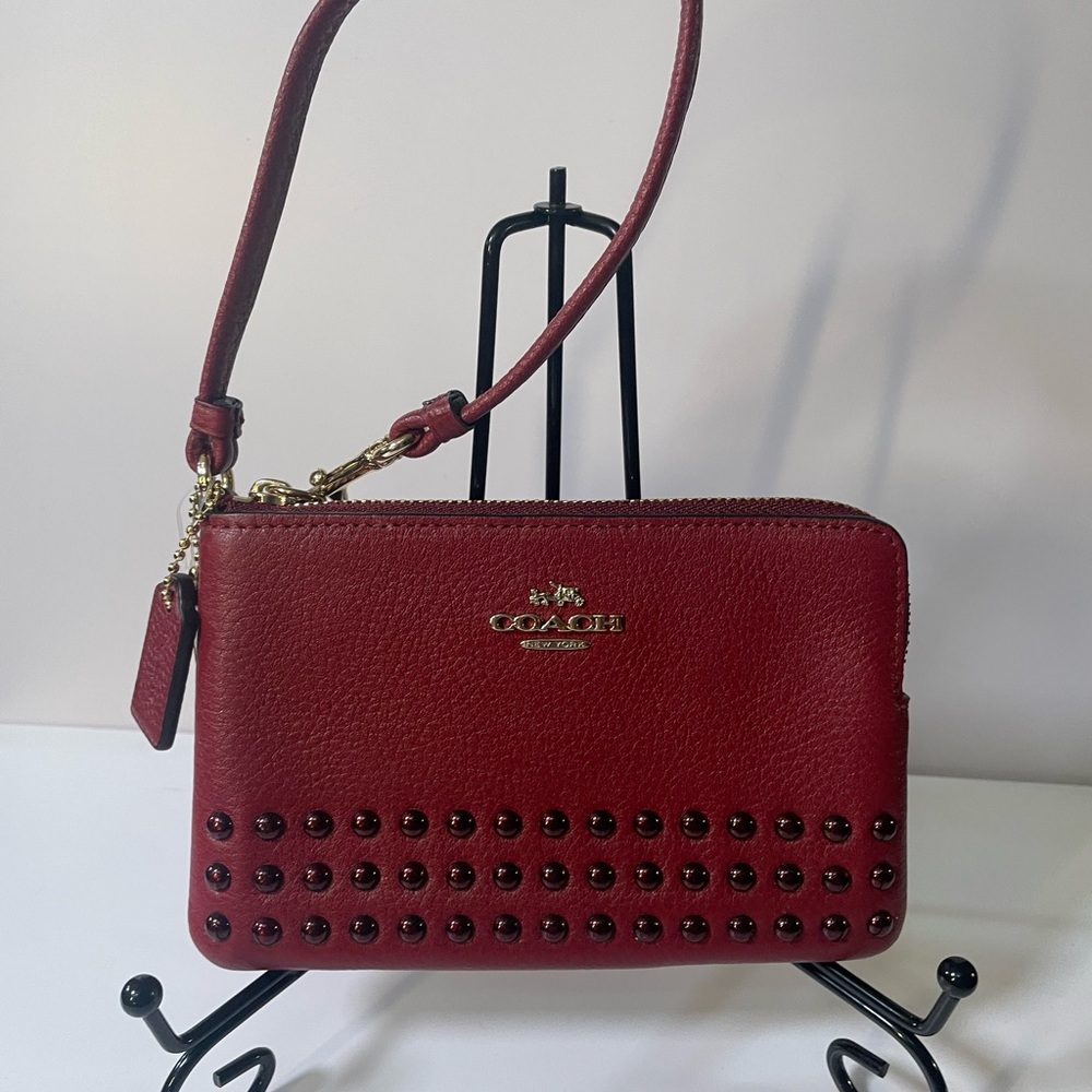 Coach Burgundy Studded Leather Wristlet